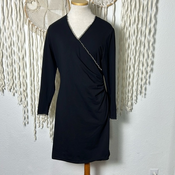 Anne Fontaine Black Ness Faux Wrap Dress with Silver Trim Accent Size 44/US12 - Picture 1 of 12